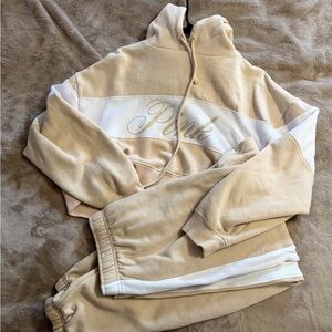 PINK Beige and White cropped Hoodie and Sweatpants Set size large